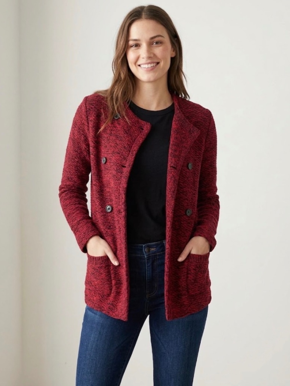 Lucky Brand Red & Black Double Breasted Knit Cardigan Jacket Size S